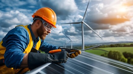 Obraz premium Wind Turbine Technician Adjusting Tools on Elevated Turbine Platform While Wearing Full Protective Safety Gear and Equipment for Maintenance and Repair Work