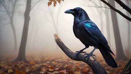 Fototapeta premium This striking image captures a dark crow perched on a barren tree branch in the heart of a foggy autumn forest. The crow’s dark feathers and sharp beak are highlighted in fine detail.