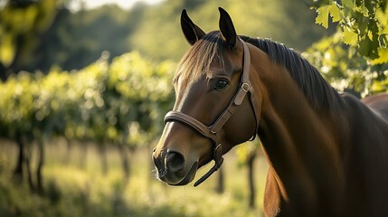 Obraz premium Stunning Close-Up Portrait of a Brown Horse in a Vineyard