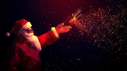 A colorful digital art representation of Santa Claus conjuring magic, with vibrant lights and effects against a dark background.