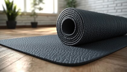 Rolled yoga mat on wooden floor. Perfect for illustrating fitness, health, and wellbeing.