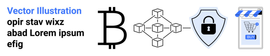 Large Bitcoin symbol next to blockchain, shield with lock, and shopping cart icons. Ideal for cryptocurrency, blockchain technology, online security, e-commerce, fintech. Banner for landing page