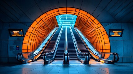 Obraz premium Architectural photography showcasing the interior design of a modern futuristic subway station with dynamic escalators and informative directional signs