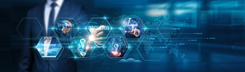 Businessman touches innovation in technology, strategy, market trends, business growth, operational...