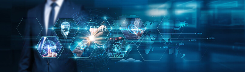 FinTech. Businessman touch financial technology to enhance customer experience, streamline operations, reduce transaction costs, improve security measures, optimize investment strategies.