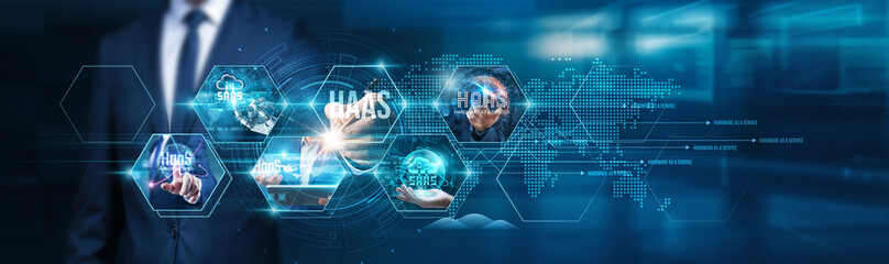 HaaS (Hardware as a Service). Businessman touch hardware solutions for managed services, cloud computing, scalable IT infrastructure, service-based models, and subscription hardware services.