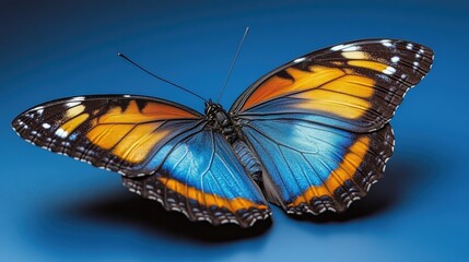 Obraz premium A vibrant butterfly with blue and orange wings. This image can be used for nature, beauty, or even design projects.