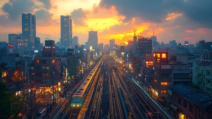 Fototapeta premium High Speed Rail Tracks Converging into a Vibrant Cityscape A Dynamic Image Showcasing Urban Mobility and Infrastructure Planning