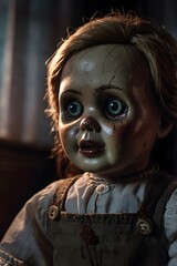 A sinister-looking doll, its tattered dress adds to its unsettling charm.
