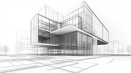 Modern Architecture building construction perspective design, building sketch line drawing on white background  Digital Architectural Rendering Alongside traditional  
