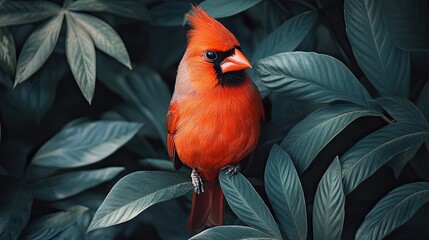Fototapeta premium A vibrant cardinal perched on green leaves. This photo captures the beauty of nature and can be used for a variety of purposes, like social media posts or websites.