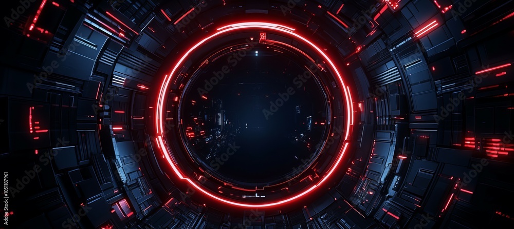 Aufkleber Red circular network system virtual space technology background. Generative AI technology.	
