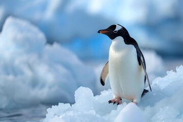 Fototapeta premium Penguin in Antarctica, surrounded by majestic icebergs and the breathtaking beauty of the icy wilderness