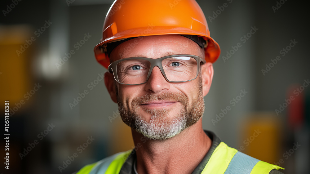 Wall mural portrait of a confident construction worker wearing a hard hat and safety vest, smiling inside a bui