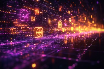 Fototapeta premium Glowing digital network with medical icons in a futuristic setting.