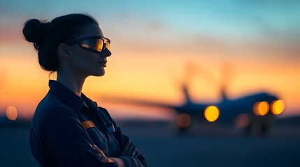 Fototapeta premium Side view of an engineer inspecting the pitch control of a propeller airplane at night with their hands partially illuminated as they adjust the blades on the aircraft