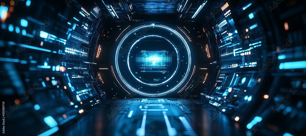 Aufkleber Circular network system virtual space portal technology background. Generative AI technology.	
