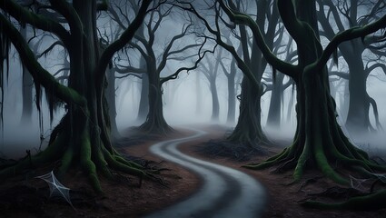 Obraz premium This high-resolution photograph captures an eerie, atmospheric path winding through a dense, foggy forest. Tall, shadowy trees stand in silence.