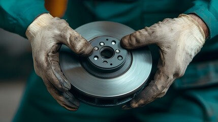 Close up shot of a mechanic s hands carefully adjusting and repairing a brake system component showcasing the intricate mechanical parts and specialized tools used in the automotive repair process