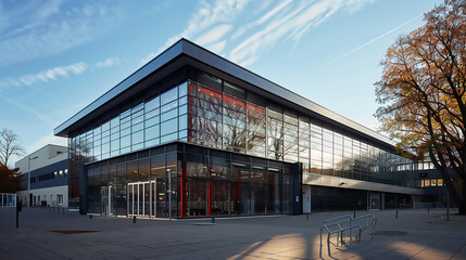 Obraz premium Modern office space, open layout design, expansive windows allowing abundant daylight, promoting productivity and A modern, minimalist office space, ideal for articles on business, startups, and cont