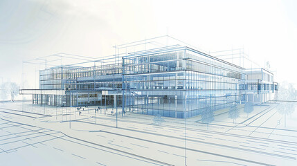 Fototapeta premium Architectural image of white modern building architecture, drawing, sketch, design, illustration, house, building, modern, 