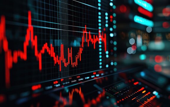 Close-up on declining interest rate chart, red arrow trend, clean financial workspace, modern digital style