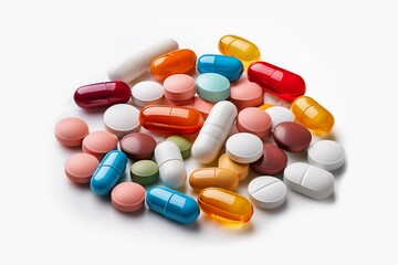 Various pharmaceuticals pills capsules tablets softgel of food supplements, fish oil, vitamin omega on isolated white background 