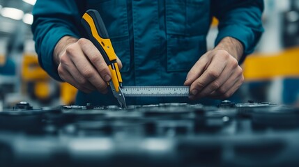 A close up view of an engineer s hands using a pair of calipers to precisely measure the thickness of an engine component in a workshop setting