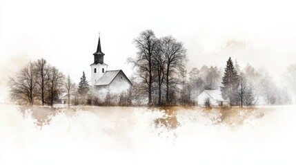 Mystical church in a forest, serene purple church embraced by towering trees and lush greenery