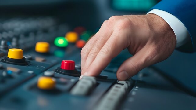 A close up shot of an engineer s hands carefully adjusting the pitch control knobs and instrumentation in the cockpit of an aircraft or aerospace vehicle  The image showcases the precision skill