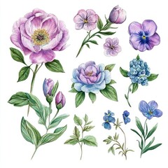 Fototapeta premium Elegant watercolor floral collection featuring various blooms and greenery for artistic inspiration and design