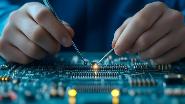 Close up view of an engineer s hands using a small screwdriver to meticulously adjust delicate avionics wiring