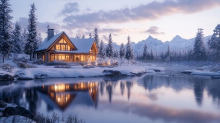 Fototapeta premium Charming Winter Cabin in a Snowy Landscape