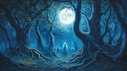 Obraz premium A Ghostly Figure in a Moonlit Forest