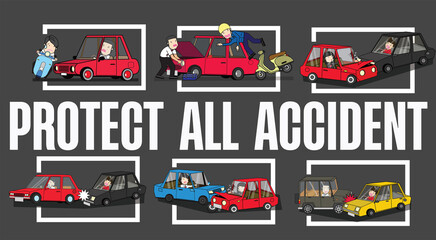 Protect All Accidents: Illustration of car accident, protect insurance concept