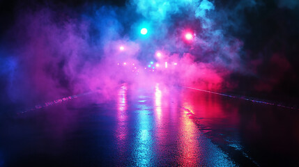 Rain drops on the asphalt road in the city at night  Urban night view with wet asphalt streets, neon lights casting colorful reflections, a searchlight beam, and thick smoke for a dramatic effect