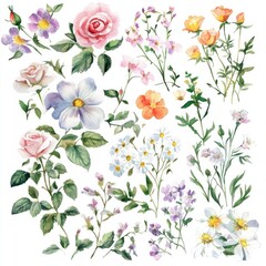 Fototapeta premium A vibrant collection of hand-painted floral illustrations showcasing roses and wildflowers in soft pastel colors