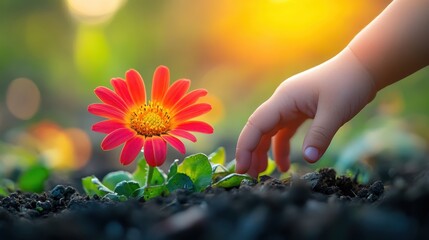 Fototapeta premium Child's hand reaching for a vibrant red flower in a garden under soft sunlight.