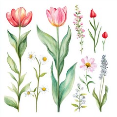 Obraz premium Beautiful watercolor flower illustrations featuring various blooming flora for nature lovers and artists