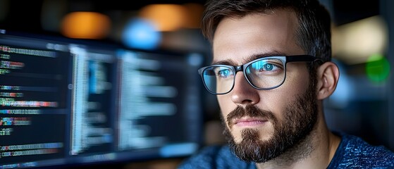 Obraz premium Focused tech professional writing code monitoring system performance and security to ensure reliable IT solutions and network stability for the organization