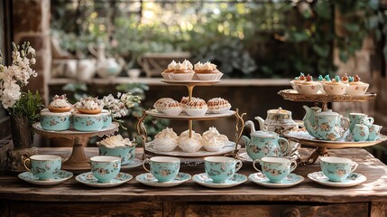 Fototapeta premium Elegant tea party display with delicious desserts and tea set