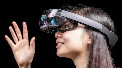 Joyful person wearing augmented reality glasses, engaging with virtual elements. expression reflects excitement and curiosity about immersive experience