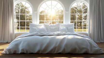 White bedding on a bed with big windows. A perfect image for your interior design website, bedroom decor blog, or social media post.