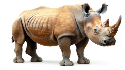 Obraz premium A white rhinoceros stands against a white background. The image is perfect for illustrating wildlife, conservation, or African landscapes.