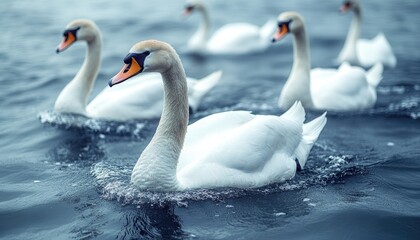 Fototapeta premium White swan swimming in the water. This image can be used for designs related to nature, wildlife, and beauty.
