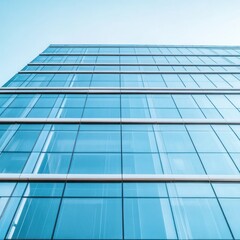 A low angle view of a modern glass skyscraper against a clear blue sky.