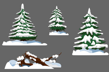 Naklejka premium Pine tree set vector, set of three pine tree and a fallen tree covered with snow simple flat illustration for winter or Christmas theme design