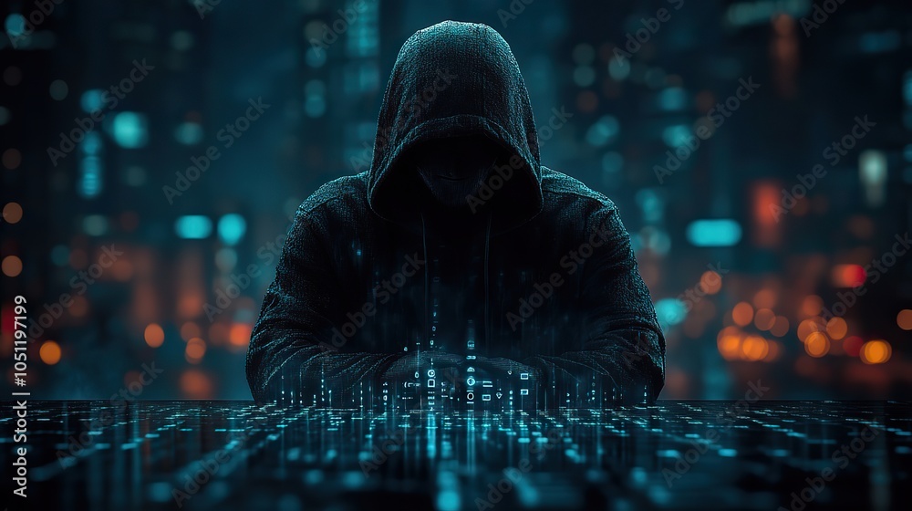 Aufkleber hacker in dark hoodie stands over an immersive dat protection interface, symbolizing cybercrime.