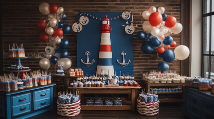 Nautical themed birthday celebration with lighthouse decor