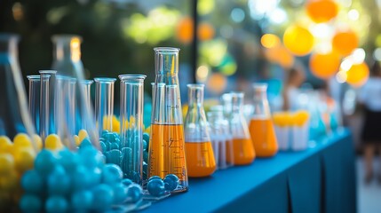 Colorful science experiment setup with beakers and orbs